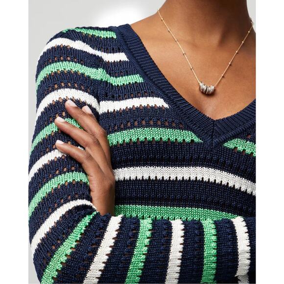 White House Black Market Long Sleeve Stripe V-Neck Pullover Sweater, size medium - Picture 2 of 14